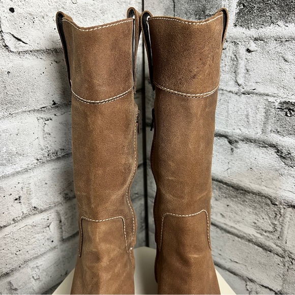 Nine West Tan Suede Square Toe Low Block Heel Boots Size 7 - Picture 5 of 13